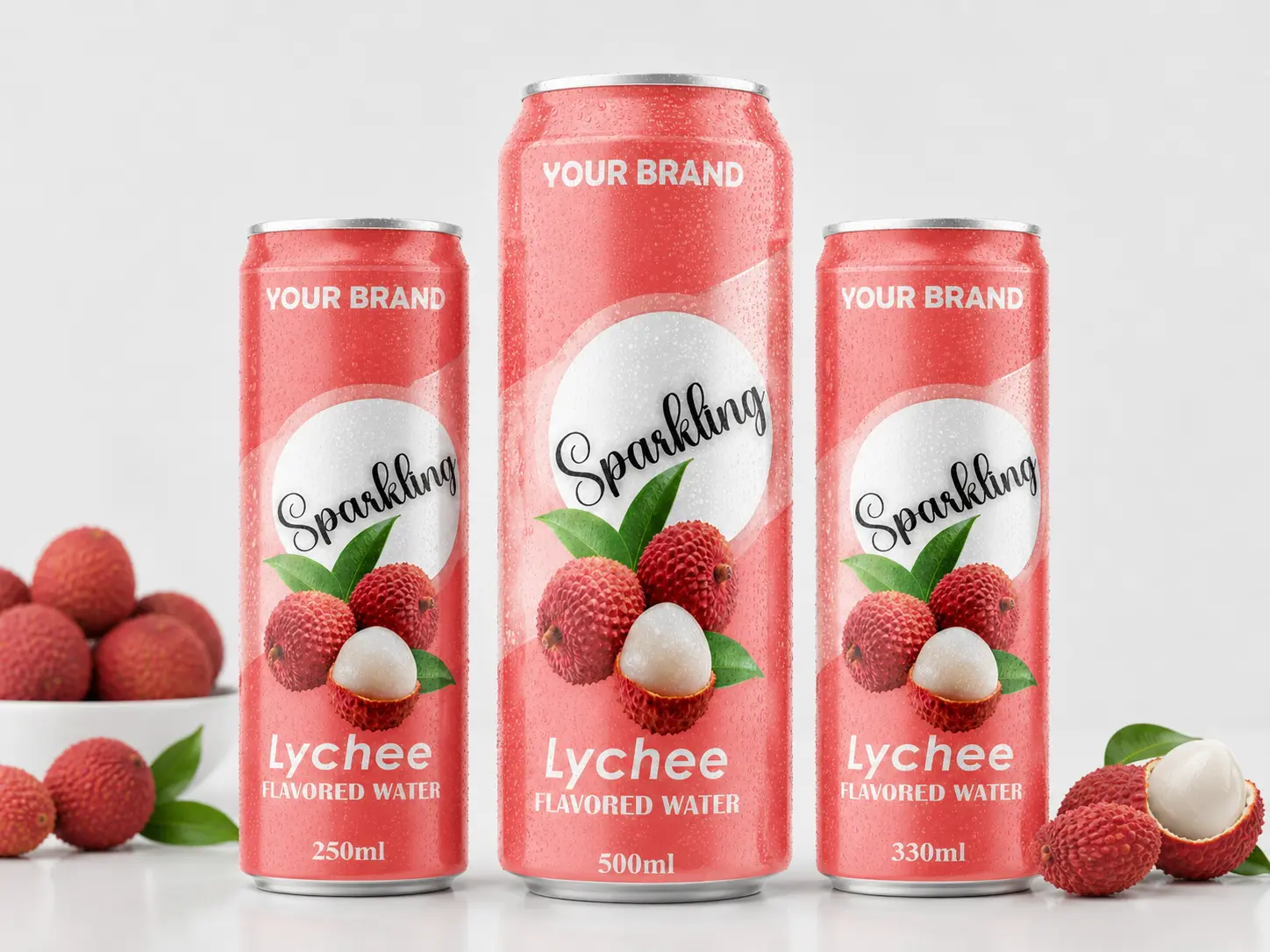 SPARKLING FLAVORED WATER Lychee 250ml, 500ml and 330ml cans with fresh lychees.